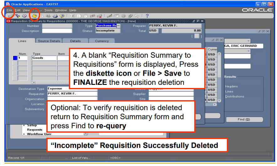 Delete incomplete requisition step 4